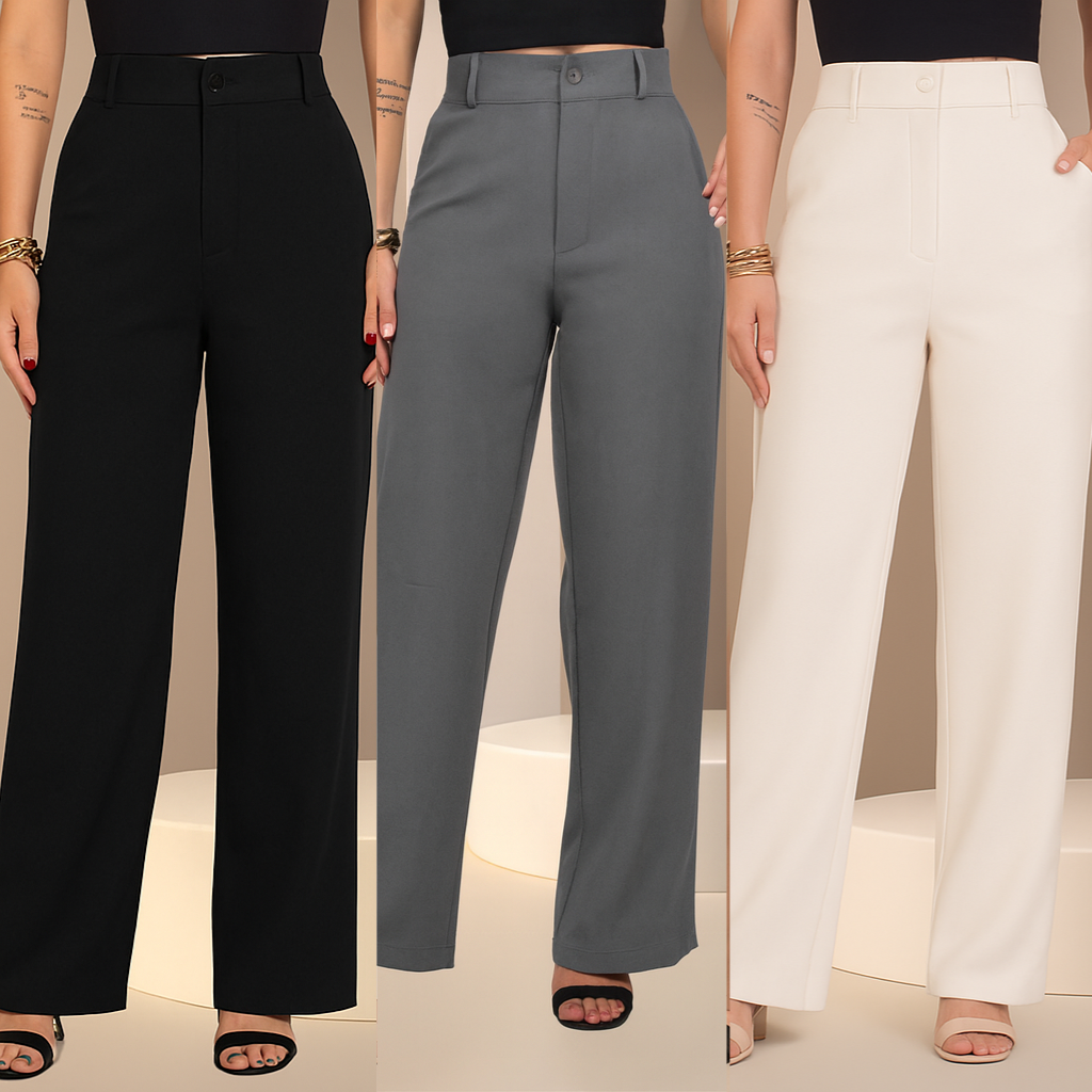 Kit 3 Calças Pantalona Premium de Alfaiataria – Elegância com Conforto