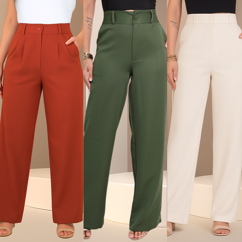 Kit 3 Calças Pantalona Premium de Alfaiataria – Elegância com Conforto