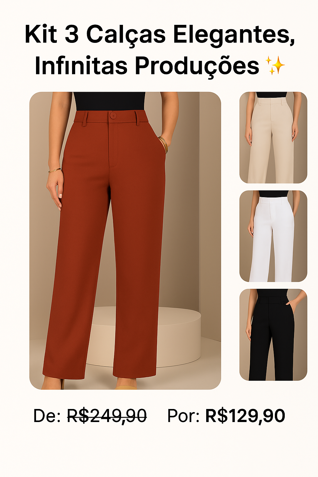 Kit 3 Calças Pantalona Premium de Alfaiataria – Elegância com Conforto